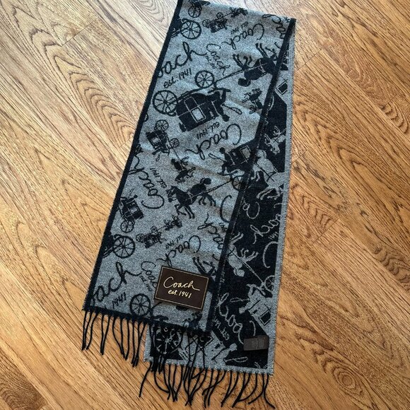 COACH CASHMERE BLEND SIGNATURE PRINT REVERSIBLE TASSLE SCARF PREPPY CLASSIC COZY - Picture 3 of 5
